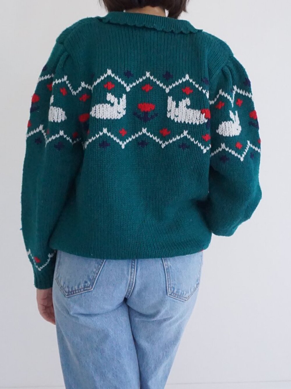 Vintage Bryn Connelly Green Bunny 15% Wool Fair Isle Knit Collared Sweater L - Picture 2 of 10